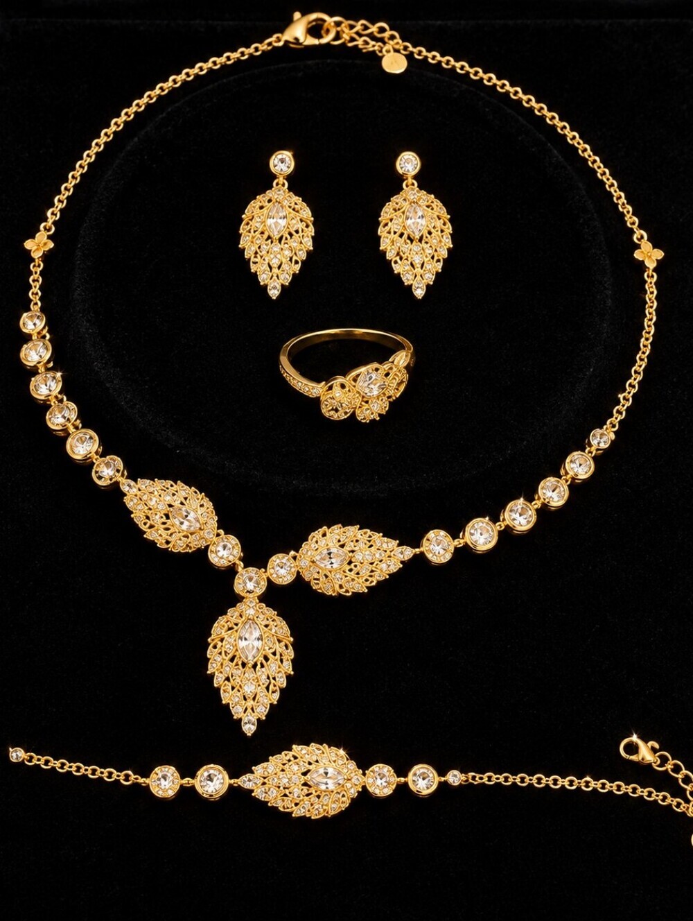 22K Gold Plated Dubai 4 Piece Jewelry Set Necklace Earrings Ring Bracelet